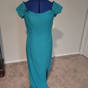 Dessy Creations Teal Off shoulder long dress gown with pearl sleeves 12 NWT